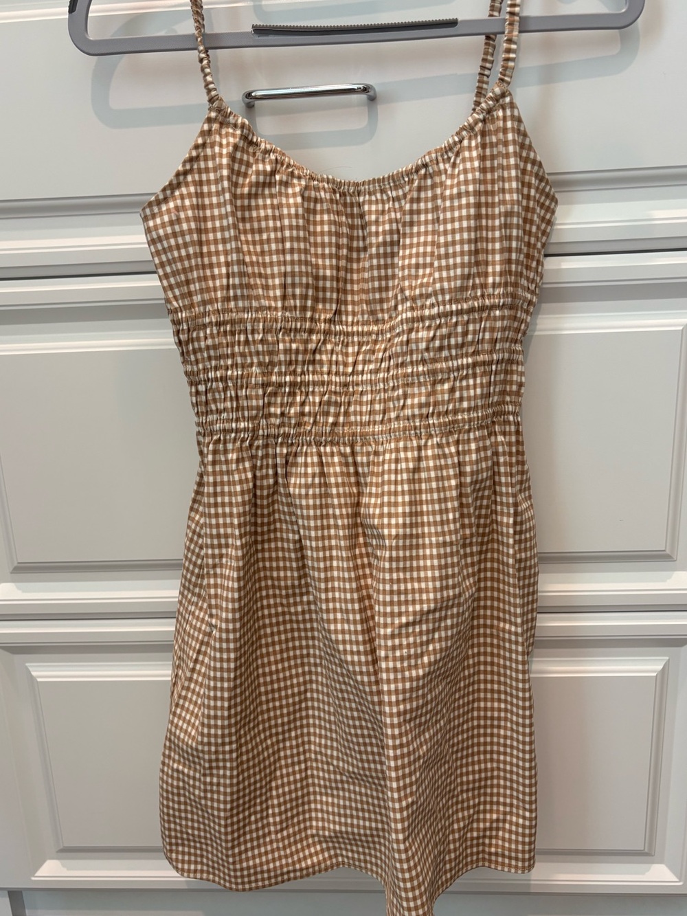 Reformation Tan and White Gingham Mini Dress